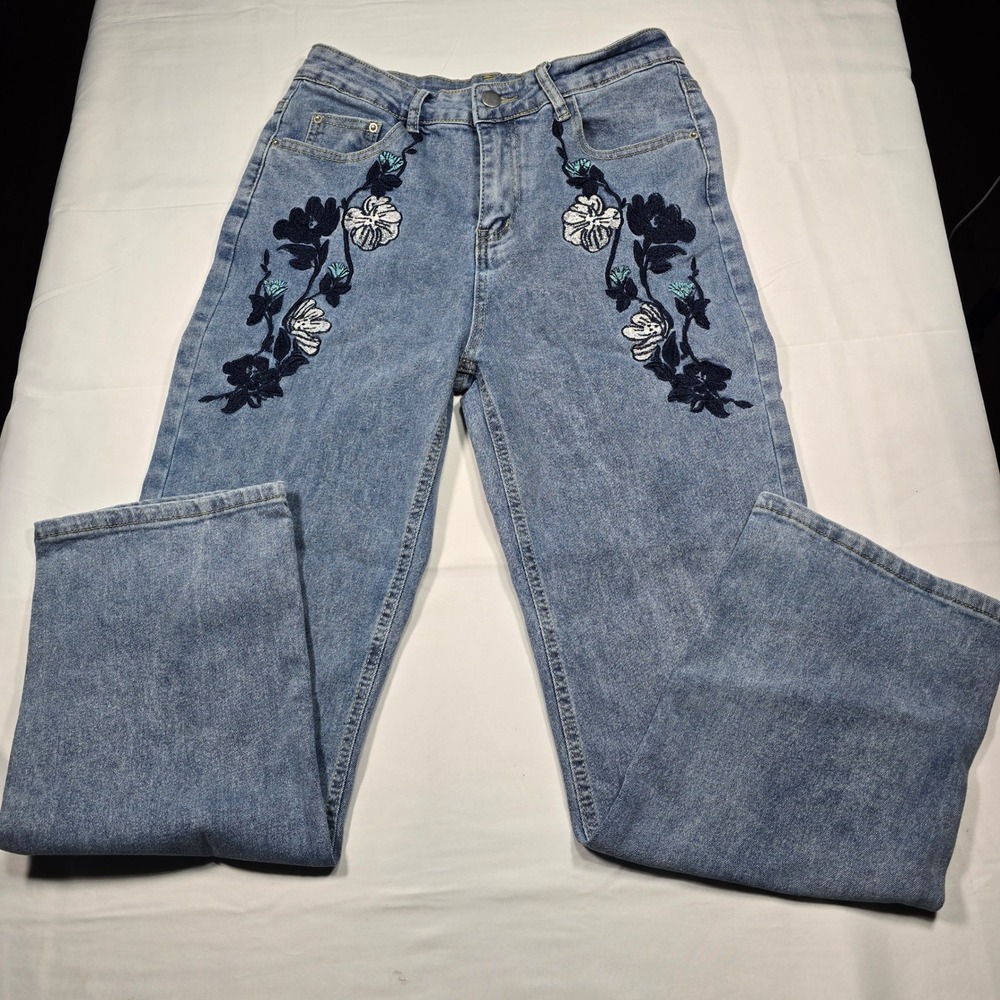 Cottagecore Floral Embroidered High Straight Jeans Light Blue Denim Womens M